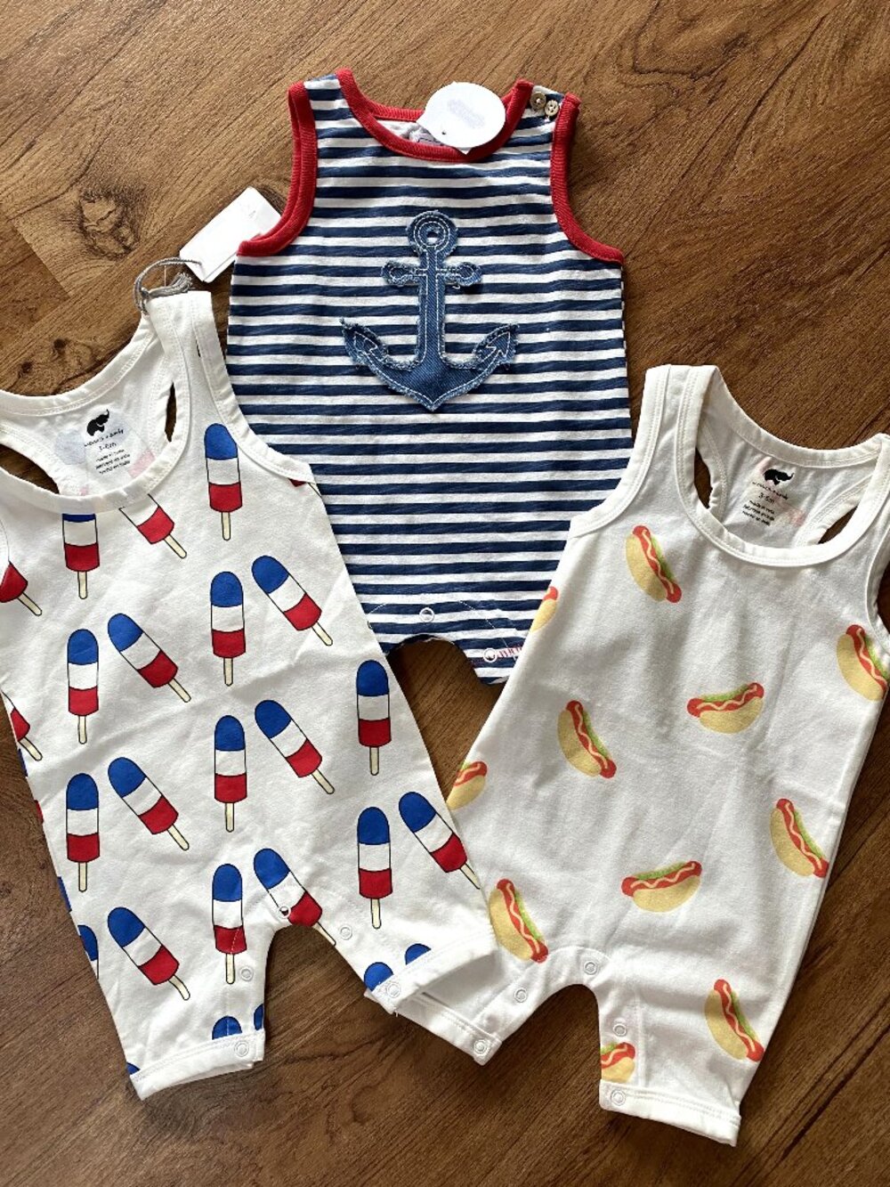 NWT Lot 3 Rompers-Mud Pie/Monica+Andy Hot Dogs/Popsicles/Red,White& Blue 3-6 M